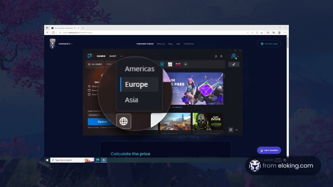 Global gaming platform interface showing region selection for Americas, Europe, and Asia