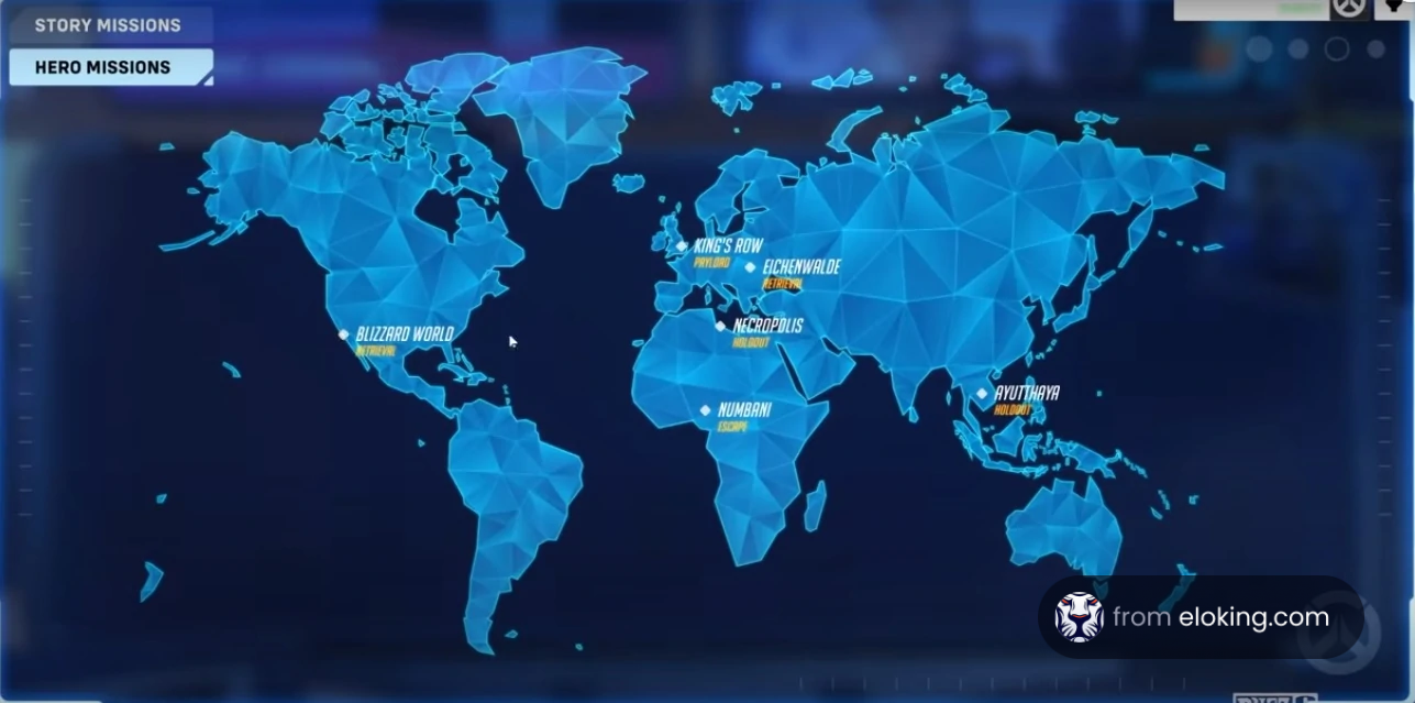 Interactive video game world map showing mission locations