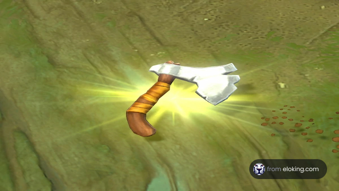 Glowing axe embedded in the ground with light effects in a video game environment