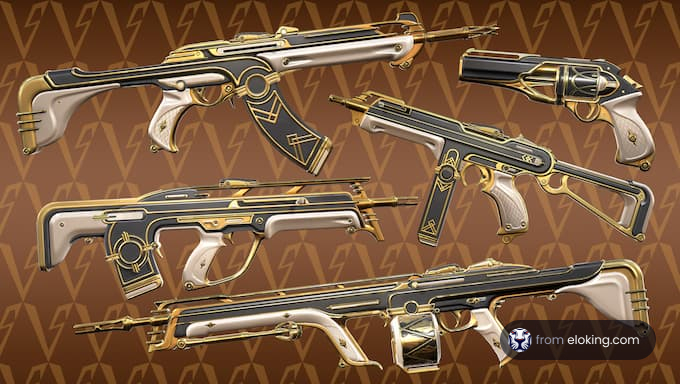 Collection of gold and black firearms on a patterned background