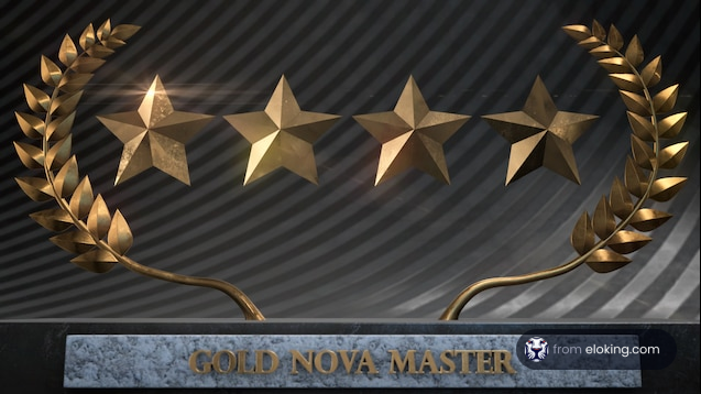 Gold Nova Master rank emblem with golden stars and laurel on striped background