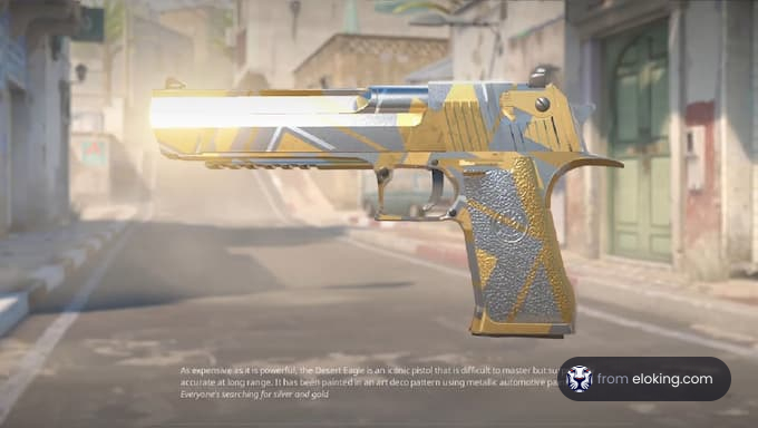 Gold and silver Desert Eagle pistol on a faded urban background