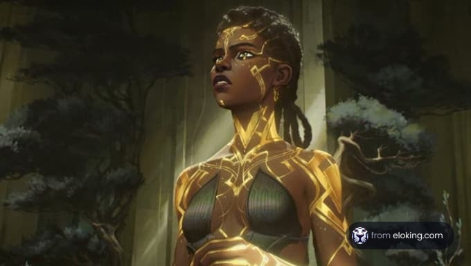 Golden armored female warrior in an enchanted forest