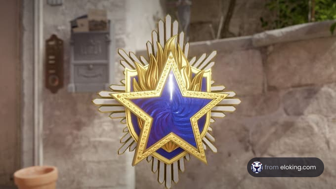 A golden star-shaped medal with blue center displayed on a textured wall