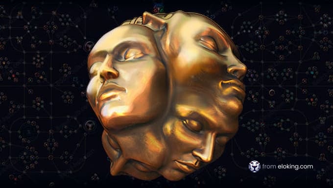 A golden sculpture of three abstract faces