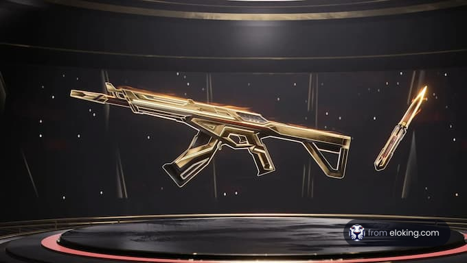 A golden animated gun with a bullet in a futuristic setting