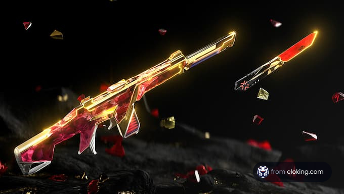 Golden and red ornate rifle with matching knife in dynamic setting with debris