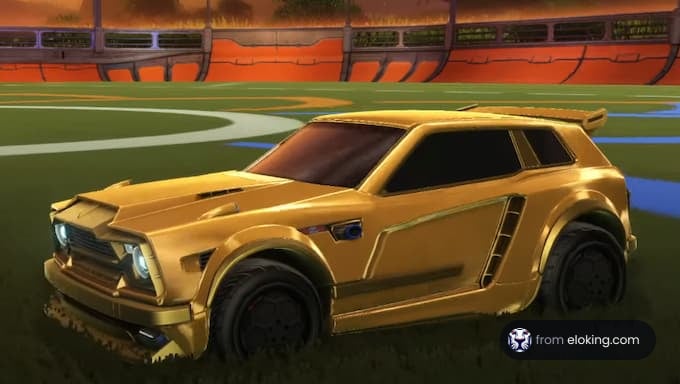 Golden sports car on a futuristic soccer field