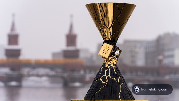A stunning golden trophy with a unique design in front of a cityscape.