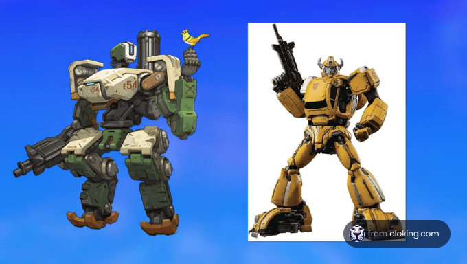 Two action figure robots in green and yellow, equipped with weapons