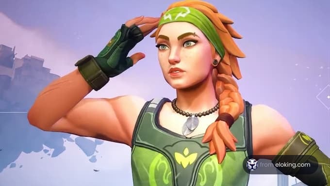 Animated female character with green armor and an orange bandana