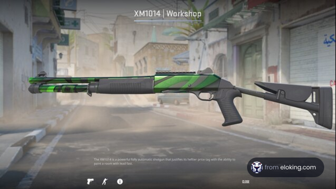 Green and black XM1014 shotgun in a workshop setting in CS:GO
