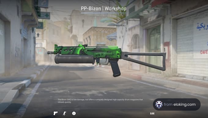 A green PP-Bizon skin showcased in the CSGO workshop on a street background