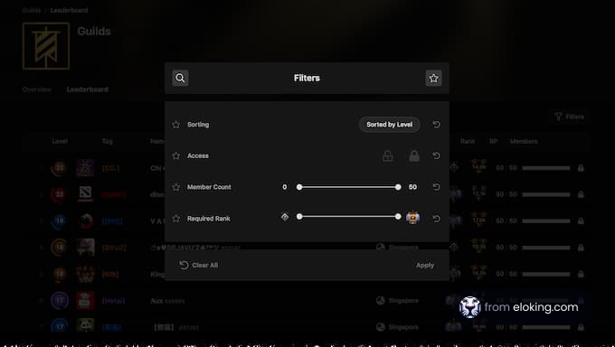 Guild filters sorted by level