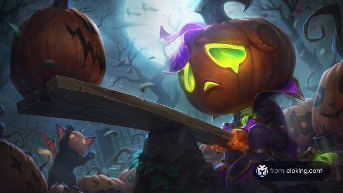 A whimsical pumpkin character with glowing eyes in a spooky Halloween setting.