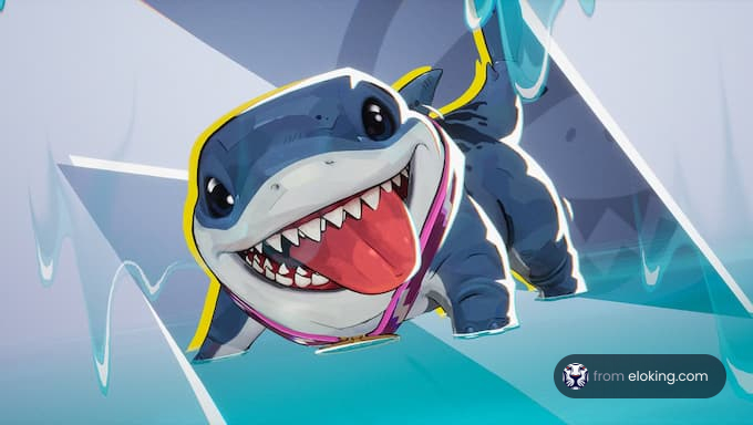 A cheerful cartoon shark character with a wide smile.