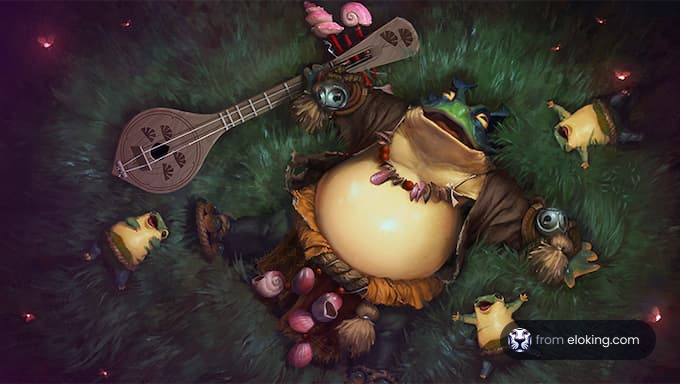 A joyful frog playing music with friends.