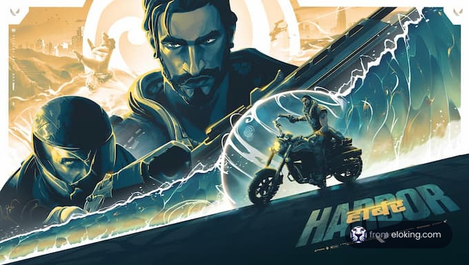 An exciting action scene featuring a motorcyclist and bold characters set in a vibrant harbor.
