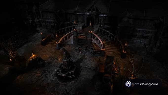 A dark and atmospheric scene of a haunted mansion with eerie lighting.
