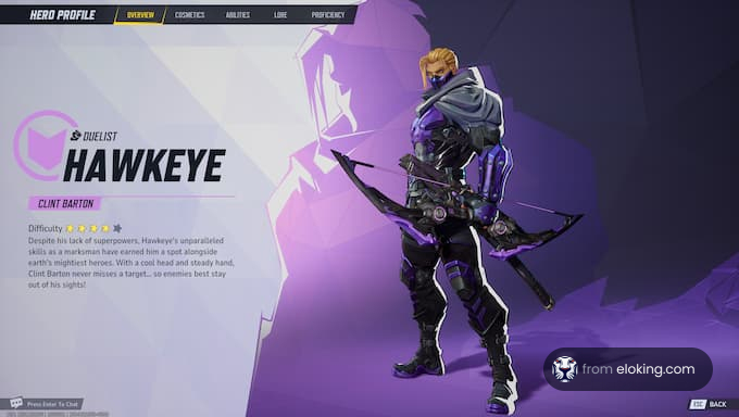 Hero profile of Hawkeye, a skilled marksman and duelist.