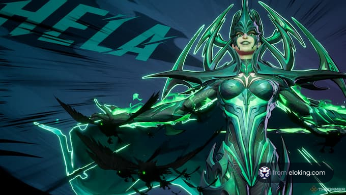 A digital illustration of the character Hela with green accents and a dramatic background.