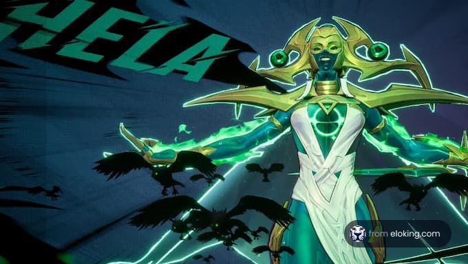 A powerful character, Hela, surrounded by ravens and glowing energy.