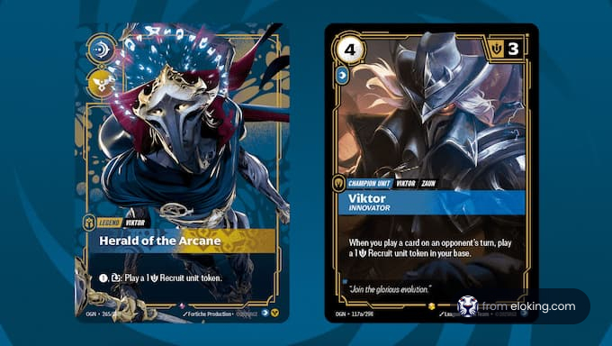 Herald of the Arcane and Viktor card from a strategy card game