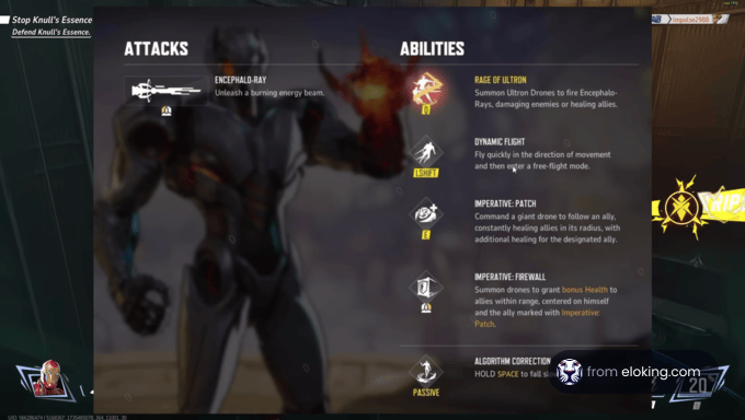 Hero abilities overview showcasing Encephal-Ray and Rage of Ultron attacks.