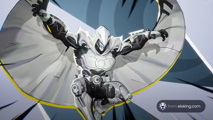 A heroic character striking a dynamic action pose with a flowing cape.