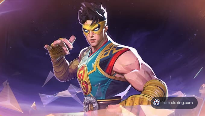 A superhero character in vibrant attire striking a dynamic pose
