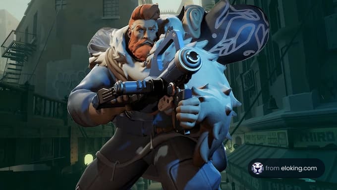 A hero character from a fighting game holding a gun