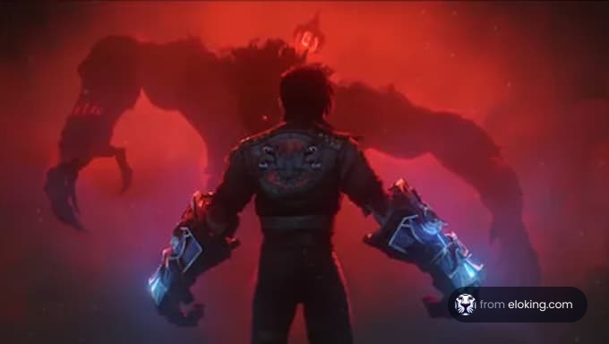 Hero confronting a giant shadowy monster in a red mist