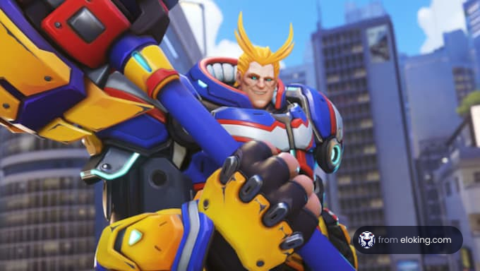 Animated hero with a spiky blonde hair in a colorful mech suit posing in an urban setting