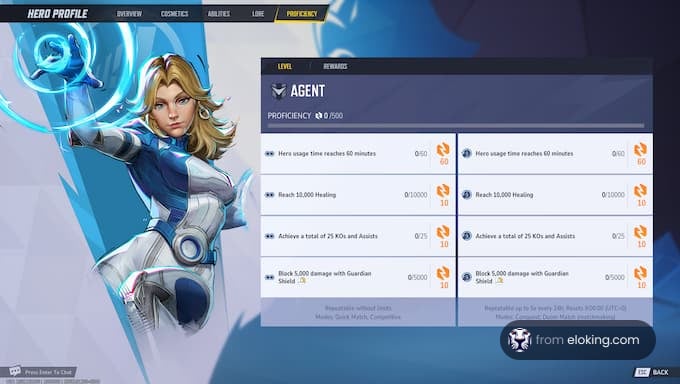 Agent profile showcasing proficiency levels and rewards.