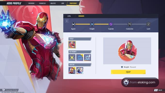 Iron Man hero profile with rewards and proficiency levels