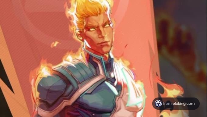 A heroic character surrounded by flames in a stylized artwork.