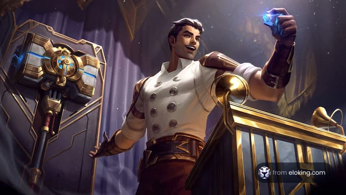 Heroic man holding a magical device in a fantasy setting