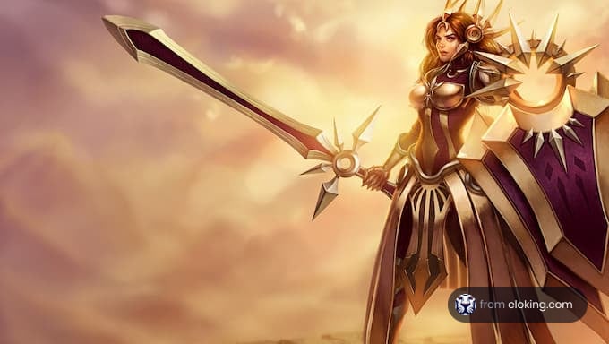 A heroic warrior ready for battle with a sword and shield against a dramatic sky