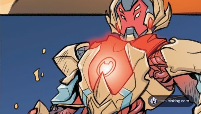 A robotic hero with a glowing heart ornament.
