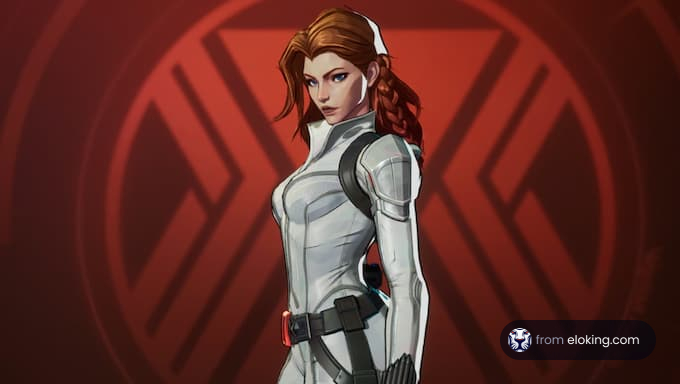 A strong female character in a white suit poses confidently.