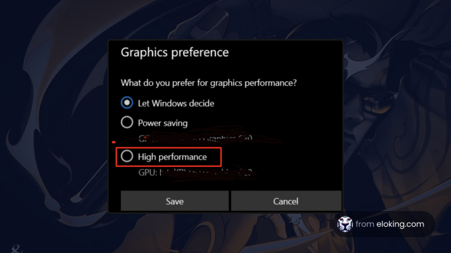 Screenshot of graphics preference settings highlighting the 'High performance' option in Windows