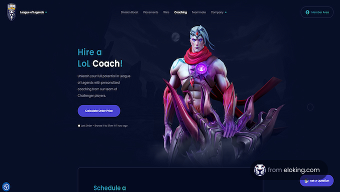 Promotional banner for hiring a League of Legends coach featuring an animated character