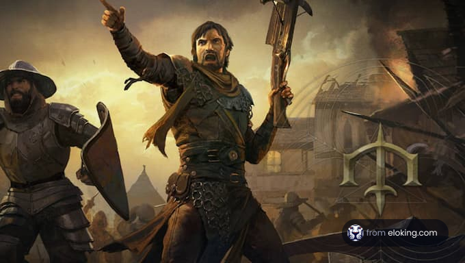 A historical warrior raising a weapon in a battle scene.