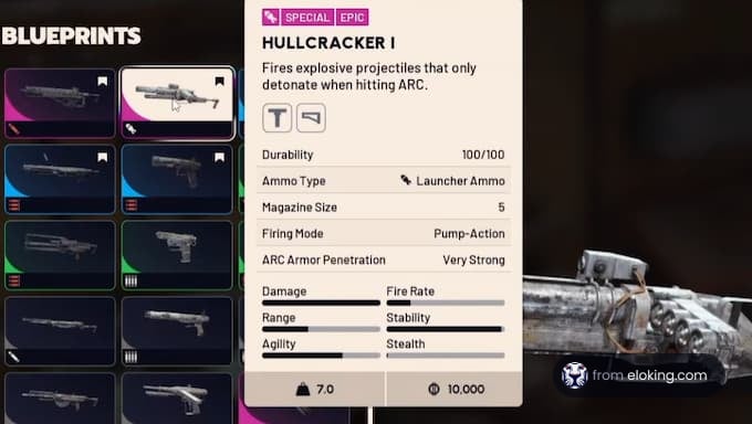 Hullcracker I blueprint showing durability and specs for explosive projectiles