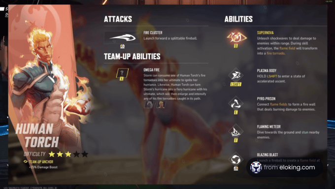 Image showing the Human Torch character abilities and attacks in a video game.