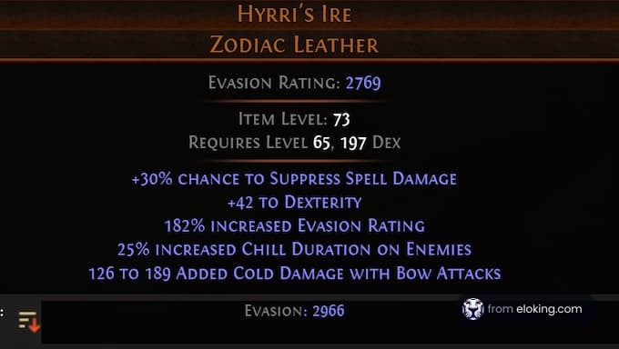 Hyrris's Ire Zodiac Leather with high evasion rating and various bonuses.