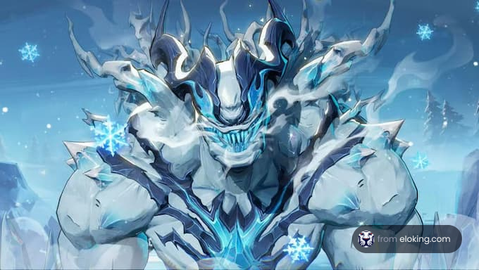 A powerful ice monster with blue accents in a snowy landscape.