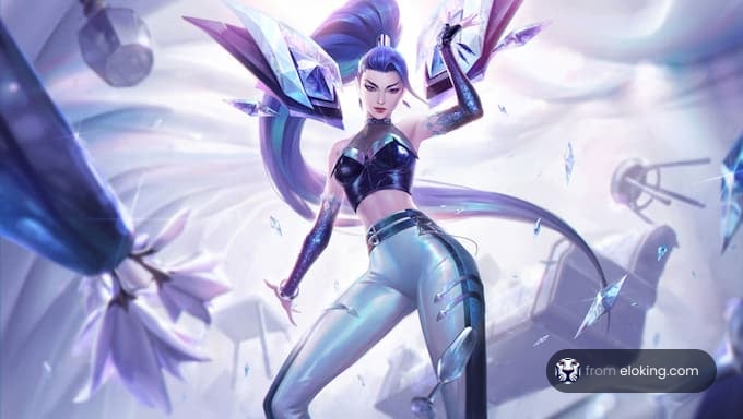 A powerful ice queen character in a dynamic pose surrounded by crystals.