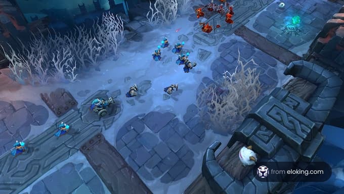 A strategic battle scene in an icy game environment with various warrior units