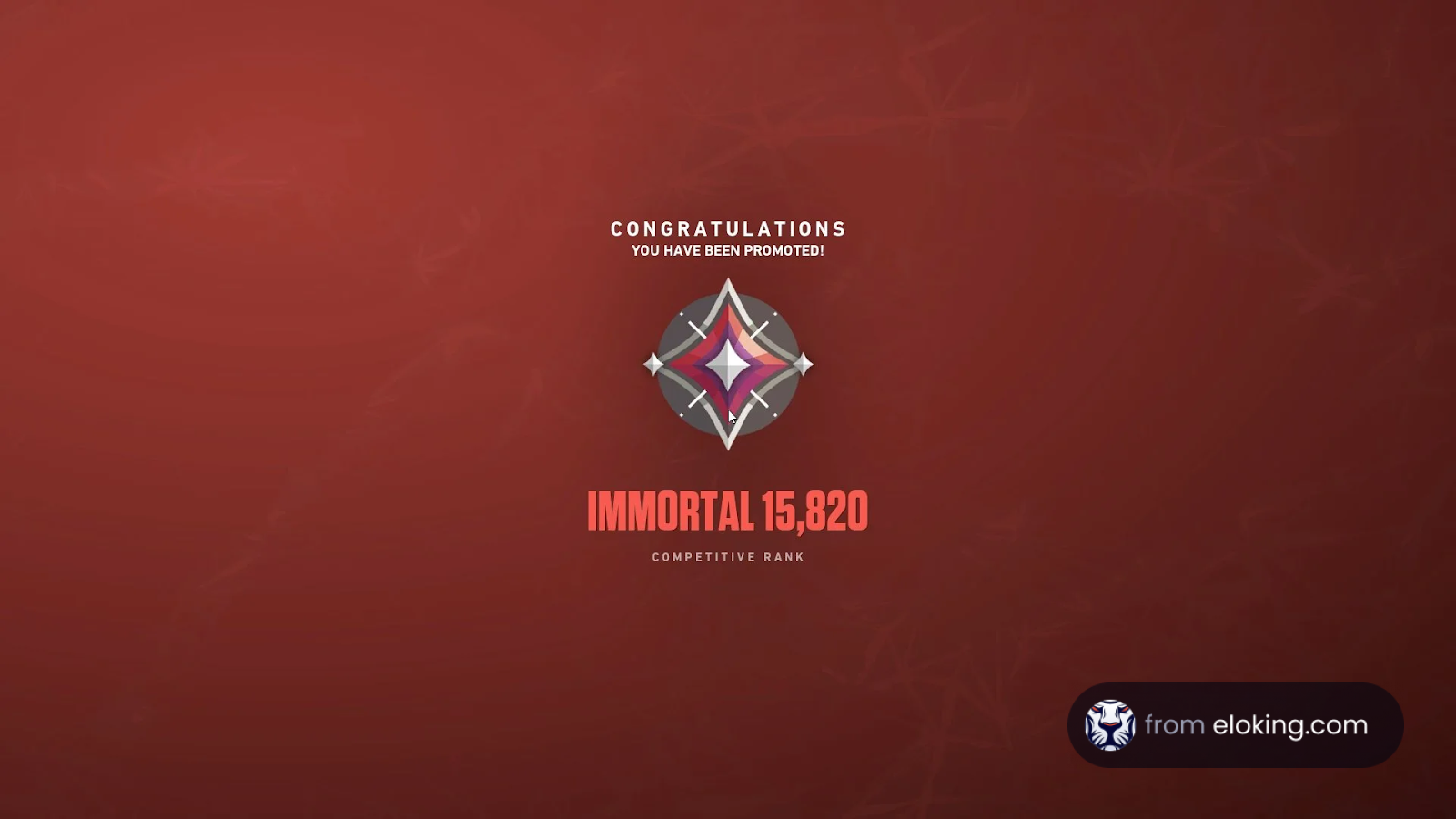 Gaming promotion screen congratulating a new Immortal rank with a score of 15,820